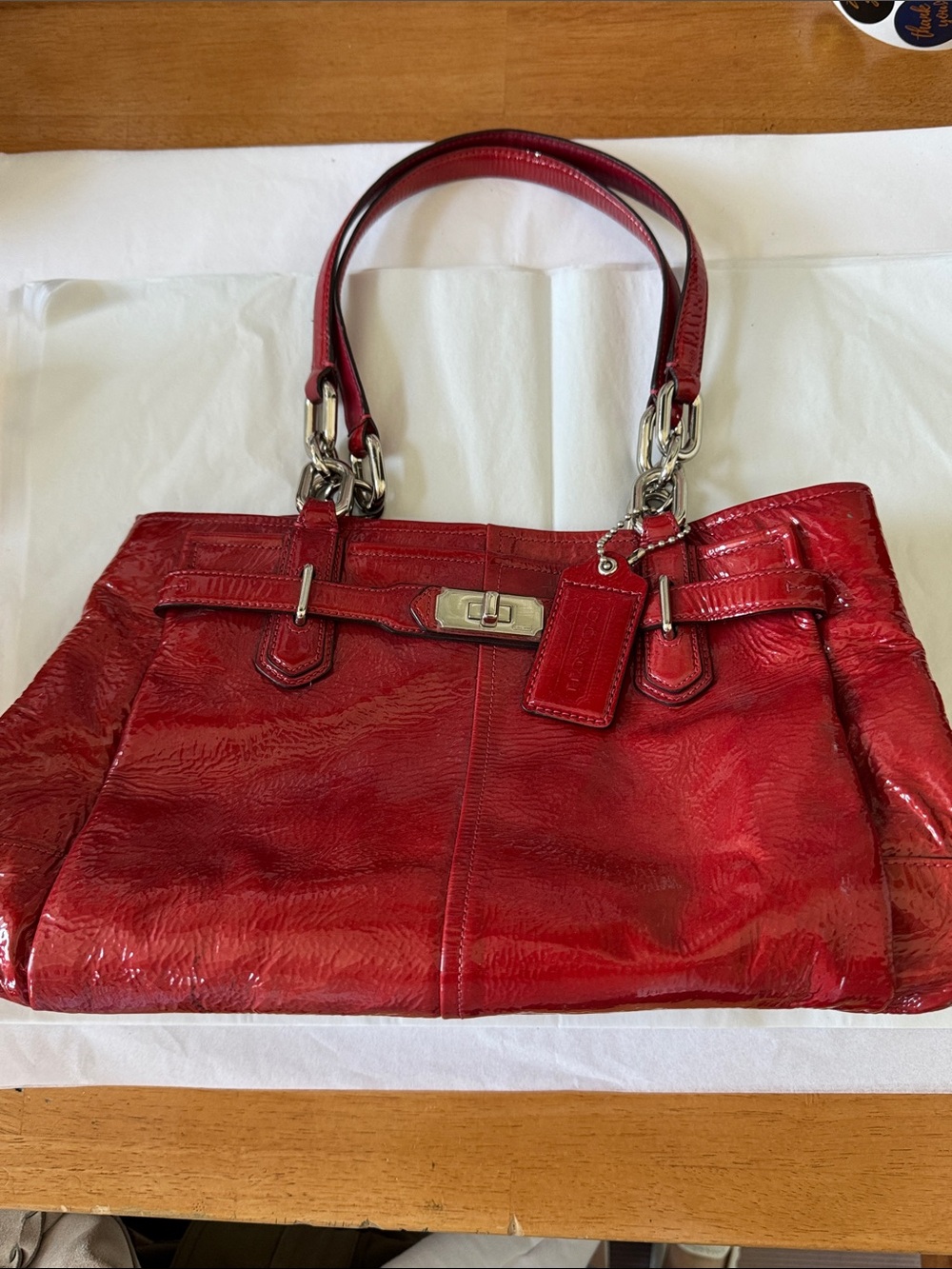 Coach Vintage Red Patent Shoulder Bag with Silver-Tone Hardware